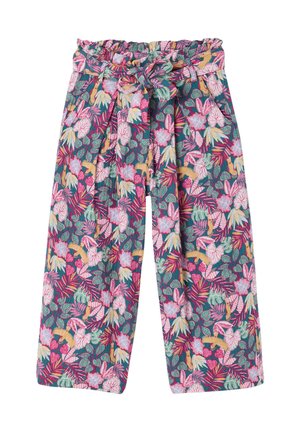 Wide-leg pants with a pleated waist and tied belt, featuring a colorful floral and leaf pattern in pink, green, yellow, and purple tones.