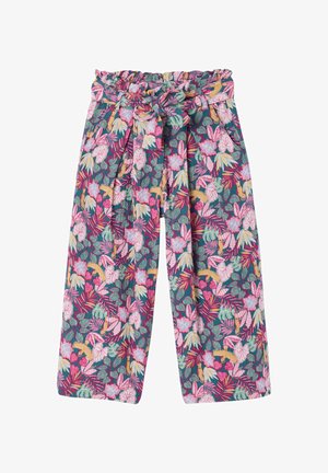 Wide-leg pants with a pleated waist and tied belt, featuring a colorful floral and leaf pattern in pink, green, yellow, and purple tones.