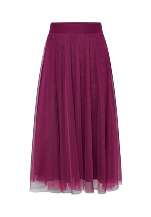 Jupe midi en tulle violet avec une ceinture élastique et un tissu transparent superposé pour le volume et le mouvement.