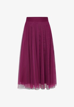 Jupe midi en tulle violet avec une ceinture élastique et un tissu transparent superposé pour le volume et le mouvement.