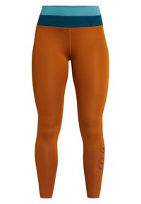 Leggings arancioni con una fascia in teal e blu. Presentano una stampa del logo testurizzata in marrone scuro sulla gamba sinistra. Tessuto liscio e elastico.