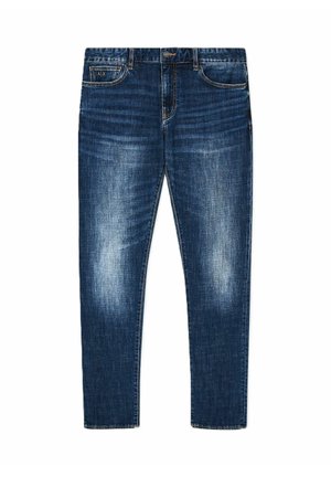 Jeans in denim blu scuro con motivo sbiadito, design a gamba dritta, cinque tasche e chiusura con cerniera, con leggere striature chiare vicino alle cosce.