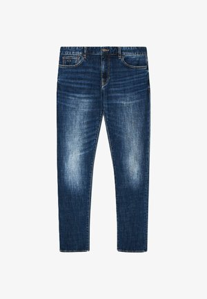 Jeans in denim blu scuro con motivo sbiadito, design a gamba dritta, cinque tasche e chiusura con cerniera, con leggere striature chiare vicino alle cosce.