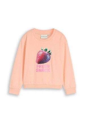 Hellrosa Langarm-Sweatshirt mit großem buntem Erdbeergrafik und pinkem "FRESH SNACK"-Schriftzug vorne.