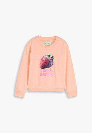 Sweat-shirt à manches longues rose clair avec un grand motif fraise coloré et le texte "FRESH SNACK" en rose sur le devant.
