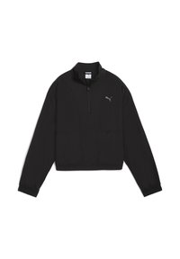 Sort langærmet cropped pullover med kvart lynlås, elastiske manchetter og kant, med et lille Puma-logo på venstre bryst.