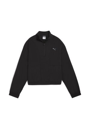 Sort langærmet cropped pullover med kvart lynlås, elastiske manchetter og kant, med et lille Puma-logo på venstre bryst.