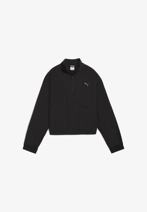 Čierny cropped pulóver s dlhým rukávom a štvrťovým zipsom, elastické manžety a lem, s malým logom Puma na ľavej hrudi.