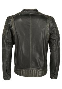 Schwarze Lederjacke für Männer mit gerippten Schultern, glatter Textur und leicht tailliertem Schnitt in der Taille. Mit metallenen Druckknöpfen.
