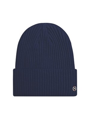Navy ribbed knit beanie hat with a folded cuff, featuring a small logo patch on the side. Made from a soft, textured material.