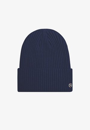 Navy ribbed knit beanie hat with a folded cuff, featuring a small logo patch on the side. Made from a soft, textured material.