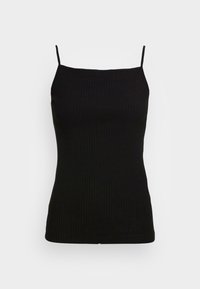 Svart räfflad linne med tunna band, med en figurnära silhuett och rak halsringning. Tyget har en mjuk, strukturerad yta.