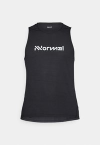 Sort ærmeløs atletisk tanktop i tekstureret stof med et hvidt logo, der tydeligt vises på fronten.