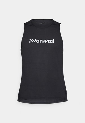 Czarny bezrękawnik sportowy z teksturowanej tkaniny, z białym logo wyraźnie widocznym z przodu.