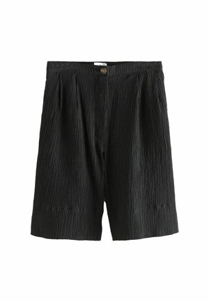 Svarta shorts med en texturerad, skrynkligduk, med en knappstängning framtill och plisserad design; knälånga med en lös passform.