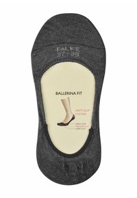 Graue rutschfeste Ballerina-Socken haben ein hoch geschnittenes Design mit glatter Textur. Das Innenetikett zeigt Größen- und Passformoptionen an.