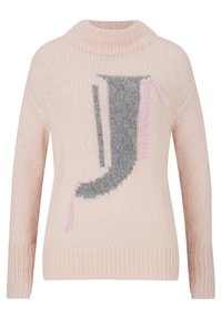 Ljust rosa stickad tröja med hög krage och en texturerad grå och lila abstrakt mönster på framsidan. Avslappnad passform och långa ärmar.