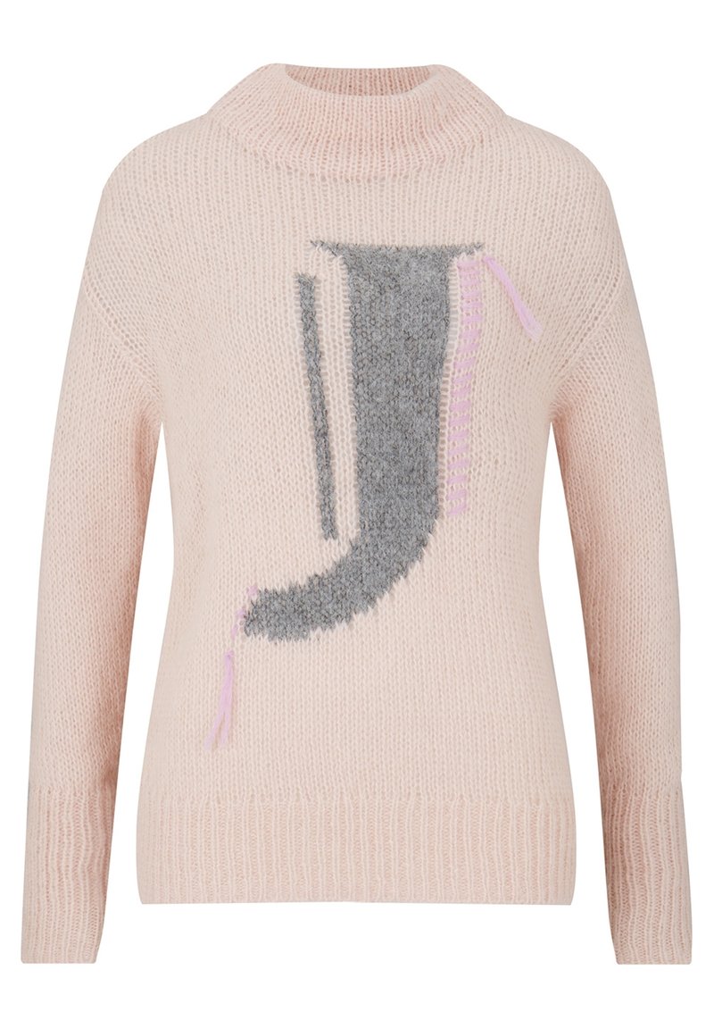 Ljust rosa stickad tröja med hög krage och en texturerad grå och lila abstrakt mönster på framsidan. Avslappnad passform och långa ärmar.