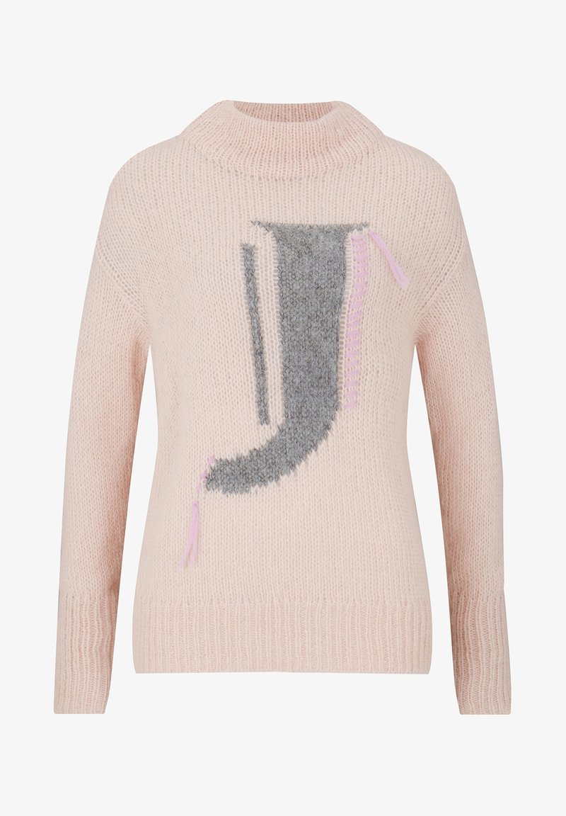 Ljust rosa stickad tröja med hög krage och en texturerad grå och lila abstrakt mönster på framsidan. Avslappnad passform och långa ärmar.