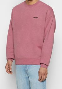Sudadera rosa con puños y cuello acanalados, que presenta un pequeño logo negro en el pecho. Tejido suave y texturizado, combinado con pantalones vaqueros de un azul claro.