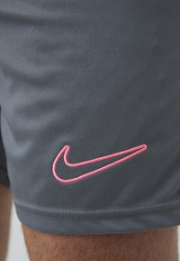 Grå atletiska shorts i texturerad tyg med en rosa broderad Nike-logotyp på vänster sida. Avslutad fåll och elastisk midja.