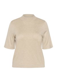 Beige top med kortærmer og høj krave, lavet af blødt materiale. Har en afslappet pasform og glat tekstur. Ingen synlige mønstre eller detaljer.