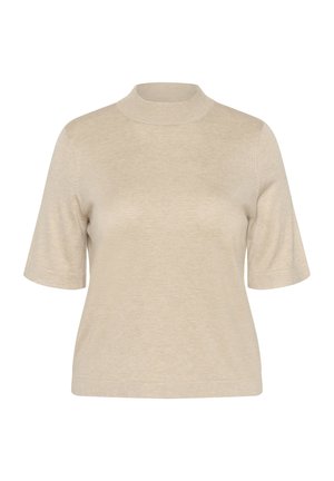 Beiges Kurzarmoberteil mit hohem Kragen aus weichem Material. Verfügt über eine lockere Passform und eine glatte Textur. Keine sichtbaren Muster oder Verzierungen.
