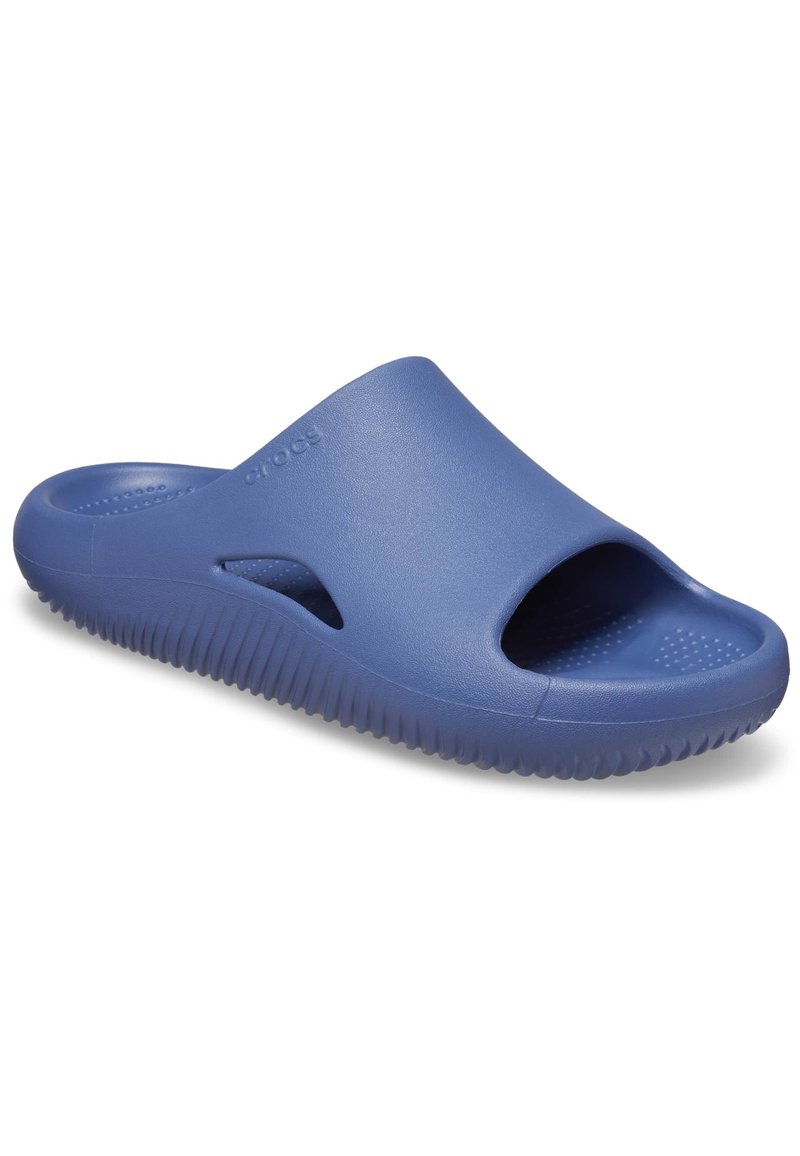 Blue slide sandal made of lightweight rubber. Features open-toe design, textured footbed, and ridged sole for traction.