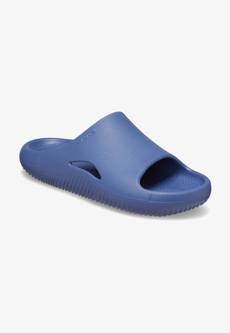 Blue slide sandal made of lightweight rubber. Features open-toe design, textured footbed, and ridged sole for traction.