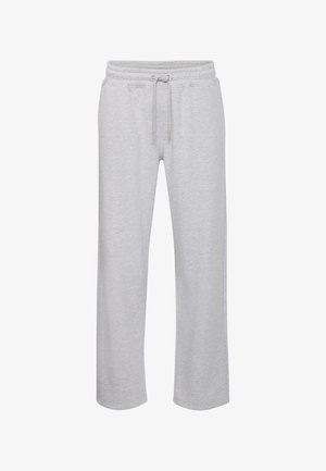 Gaiši pelēki sporta bikses, kas izgatavotas no mīksta auduma, ar elastīgu jostu un auklu, divām sānu kabatām un taisnām kājām.