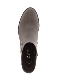Bottine en suède grise avec un bout arrondi, fermeture éclair sur le côté et embellissements discrets près de la fermeture. Texture lisse et design minimaliste.