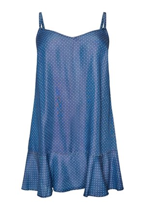 Zils satīna kleitas korsetes tipa modelis ar baltām punktiņām, plānām siksniņām un izplūdušu bārkstainu apakšu.