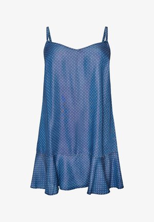 Sinine satiinist libedalõikeline kleit valgete täppidega, spagetiõlapaeltega ja lehvikukujulise volangiga äärega.