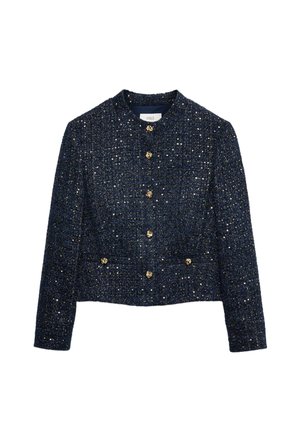 Námořnická tweedová bunda se zkráceným střihem, se zlatými knoflíky a texturovaným povrchem s metalickými akcenty. Kulatý výstřih, dlouhé rukávy.