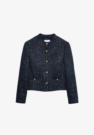 Giacca di tweed blu navy dal design cropped, con chiusure a bottoni dorati e una superficie texturizzata con accenti metallici. Collo rotondo, maniche lunghe.