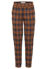 Trousers made of wool blend featuring an orange and navy plaid pattern, straight leg design, and a flat waistband with pleats.