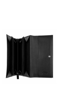 Portafoglio in pelle nera con più scomparti, sezione con zip e chiusura a pressione. Presenta una superficie liscia e un logo impresso sul lato.