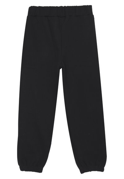 Pantaloni da tuta neri con cintura elastica e polsini elastici, design semplice, senza loghi o motivi visibili, distesi su uno sfondo bianco.