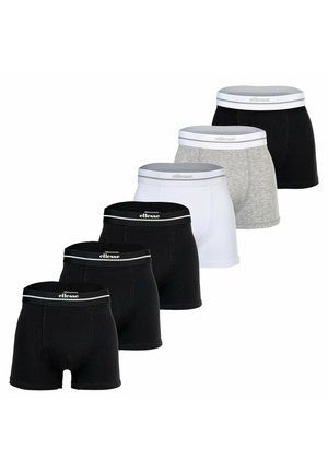 Sechs Paar Herren-Boxershorts in Schwarz, Weiß und Grau mit elastischen Bund mit Markenlogo, angeordnet in zwei diagonalen Reihen.