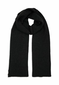 Scarf lungo nero a costine realizzato in morbido tessuto a maglia, con una superficie liscia e un motivo uniforme, con estremità affusolate.
