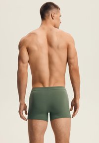 Muscular man standing facing away, wearing green boxer briefs against a plain light background.
