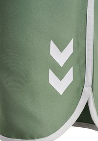 Gröna tygshorts med en slät yta, vita detaljer och två nedåtriktade chevrons i vitt på den nedre sidan.