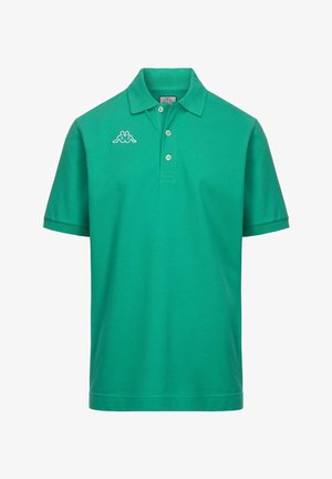 Polo verde a maniche corte con patta abbottonata e logo ricamato bianco sul petto a sinistra.