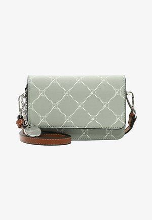 Mint green leather crossbody bag with geometric white pattern, silver hardware, tan strap, and a detachable charm. Compact and structured shape.