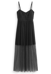 Schwarzes A-Linien-Kleid mit dünnen Trägern, transparentem Pünktchenstoff, geraffter Taille und geschichtetem Saum, das eine fließende, leichte Textur aufweist.