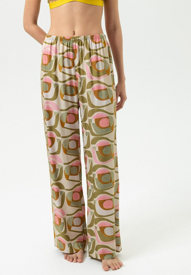Weite Lounge-Hose aus leichtem Stoff mit einem mehrfarbigen geometrischen Muster in Grün-, Rosa- und Brauntönen. Elastischer Bund.