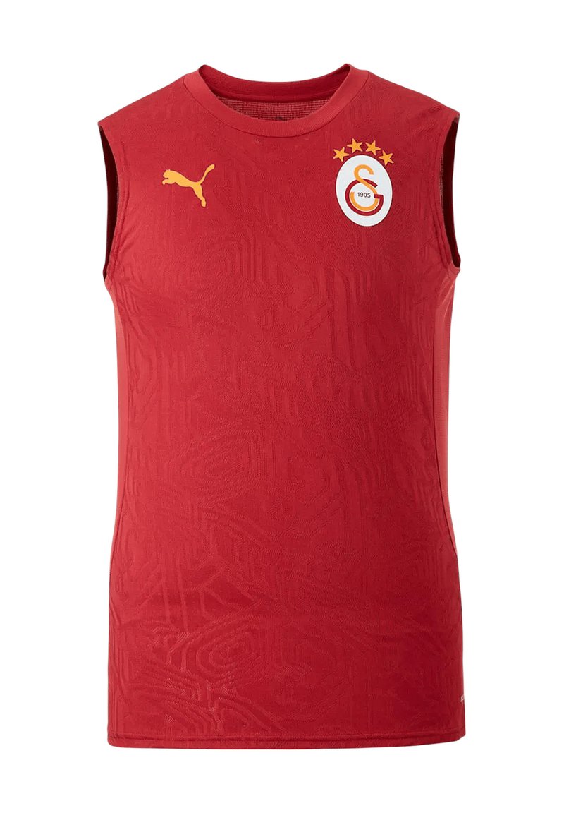 Rotes ärmelloses Sportshirt aus strukturiertem Stoff, mit einem weißen runden Logo und goldenen Akzenten sowie vier goldenen Sternen.