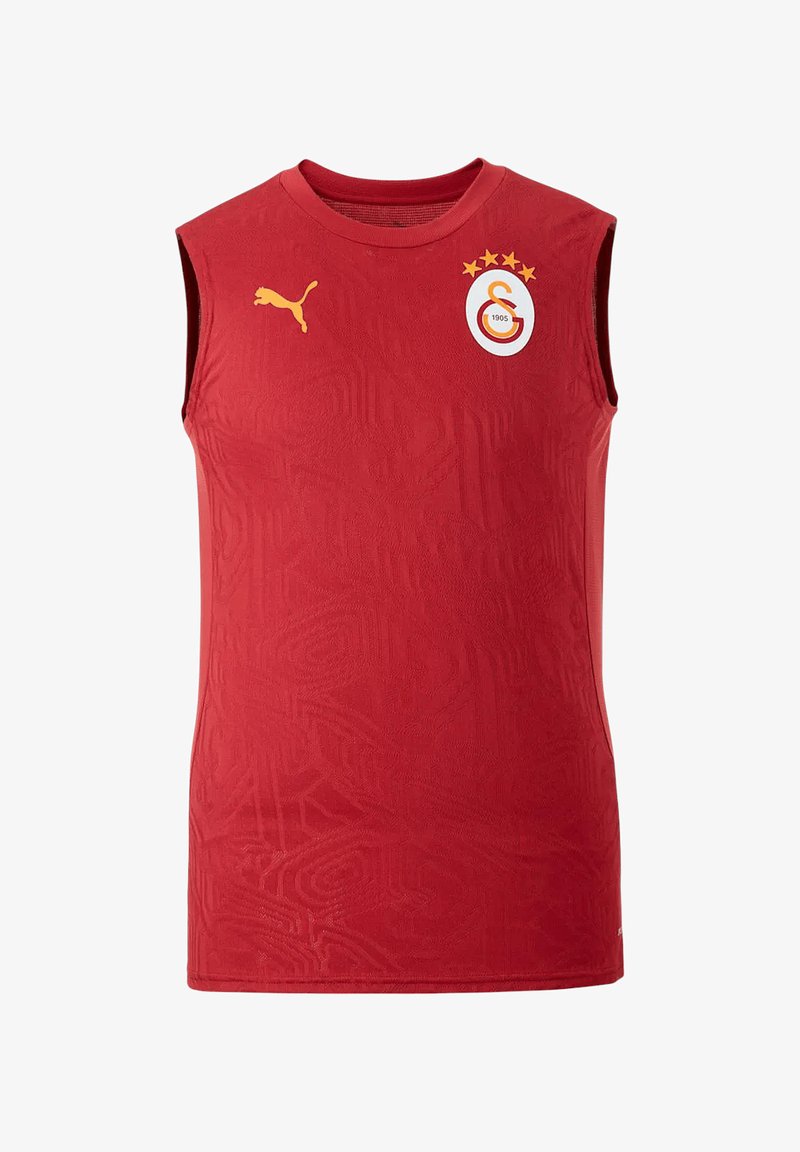 Rotes ärmelloses Sportshirt aus strukturiertem Stoff, mit einem weißen runden Logo und goldenen Akzenten sowie vier goldenen Sternen.