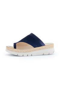 Navy blue slide sandals with woven jute detail, white rubber sole, and textured straps. Open-toe design with a cushioned footbed.