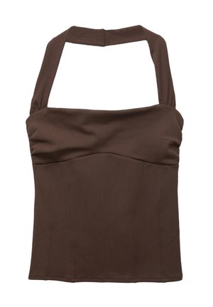 Smeđi top s halter izrezom i strukturiranim krojem, s naboranim materijalom na bustu i glatkom teksturom. Nema vidljivih uzoraka ili ukrasa.